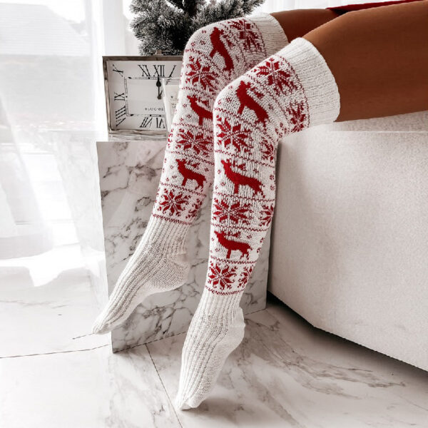 Winter Christmas Warm Knitted Women Stocking Beautiful Elk Snowflake Jacquard Over-the-knee Casual Long Socks For Ladies Gifts Free Size - Image 4