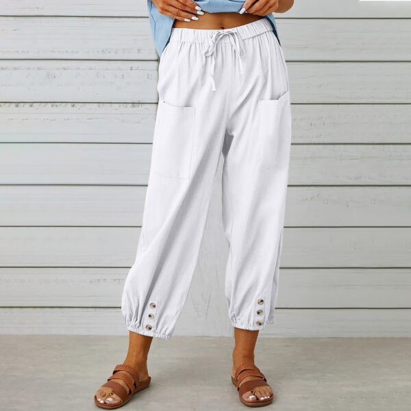 Women Drawstring Tie Pants Spring Summer Cotton And Linen Trousers With Pockets Button - Image 10