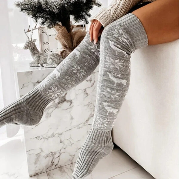 Winter Christmas Warm Knitted Women Stocking Beautiful Elk Snowflake Jacquard Over-the-knee Casual Long Socks For Ladies Gifts Free Size - Image 6