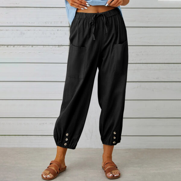 Women Drawstring Tie Pants Spring Summer Cotton And Linen Trousers With Pockets Button - Image 8