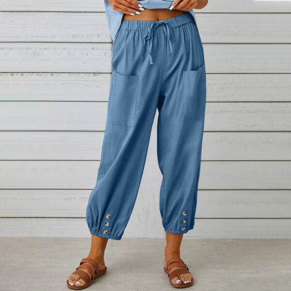 Women Drawstring Tie Pants Spring Summer Cotton And Linen Trousers With Pockets Button - Image 7