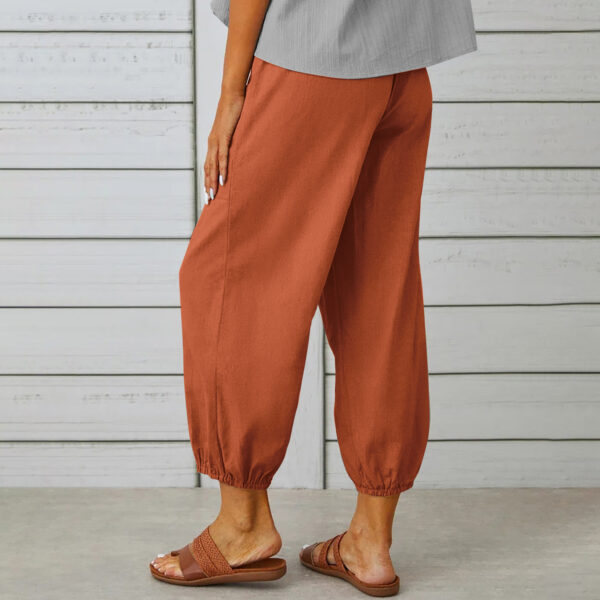 Women Drawstring Tie Pants Spring Summer Cotton And Linen Trousers With Pockets Button - Image 3