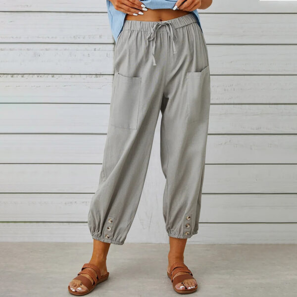 Women Drawstring Tie Pants Spring Summer Cotton And Linen Trousers With Pockets Button - Image 4