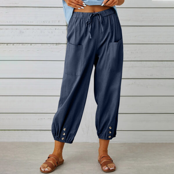 Women Drawstring Tie Pants Spring Summer Cotton And Linen Trousers With Pockets Button - Image 9