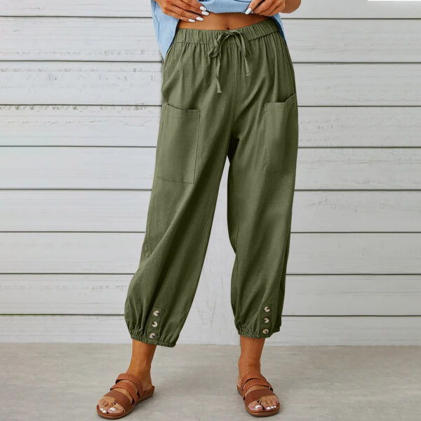 Women Drawstring Tie Pants Spring Summer Cotton And Linen Trousers With Pockets Button - Image 6