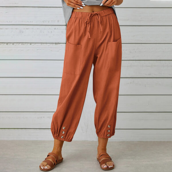 Women Drawstring Tie Pants Spring Summer Cotton And Linen Trousers With Pockets Button - Image 2