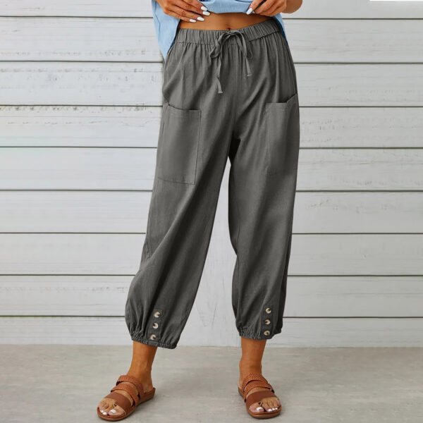 Women Drawstring Tie Pants Spring Summer Cotton And Linen Trousers With Pockets Button - Image 5