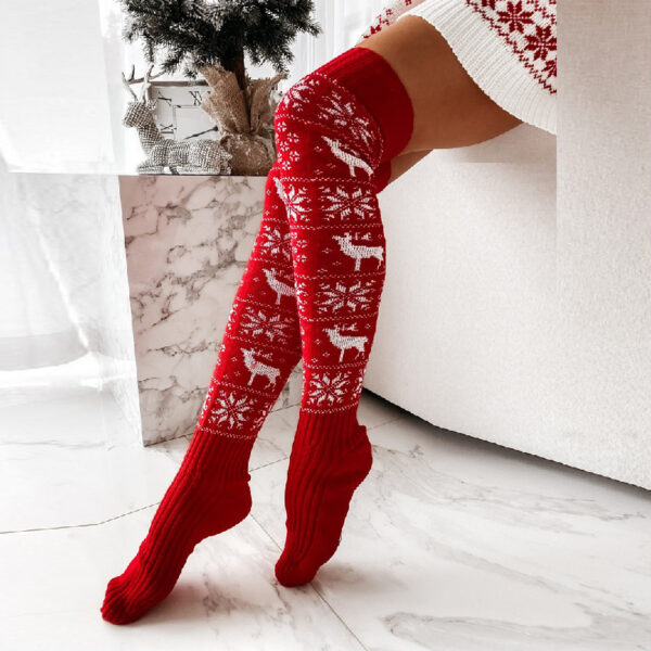 Winter Christmas Warm Knitted Women Stocking Beautiful Elk Snowflake Jacquard Over-the-knee Casual Long Socks For Ladies Gifts Free Size - Image 2