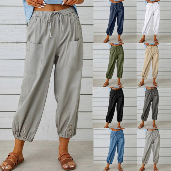 Women Drawstring Tie Pants Spring Summer Cotton And Linen Trousers With Pockets Button